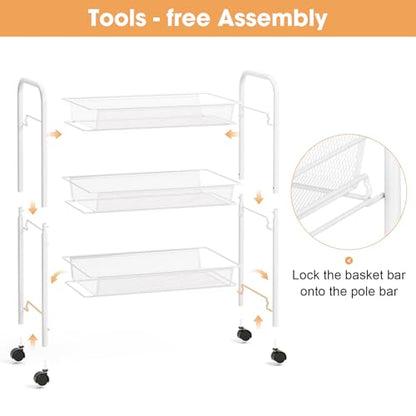 TOOLF 3 Tier Rolling Cart, Metal Utility Storage Cart with Wheels, White - color: White, size: 3-Tier
