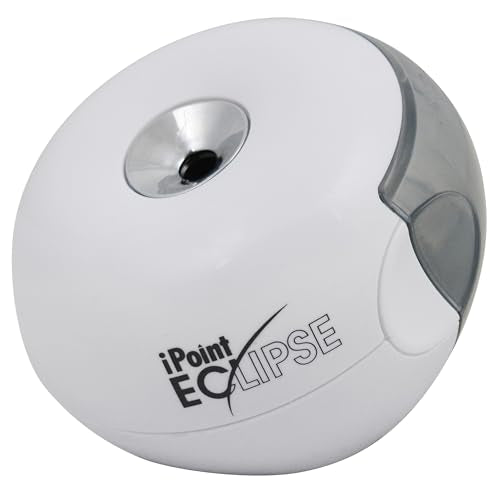 Westcott iPoint Eclipse Battery Pencil Sharpener, Unique Two-Blade Technology, EZ-View Reservoir, Requires 4 AA Batteries, White, for Home, Small Office, Classroom, Back to School, School Supplies