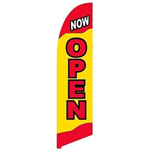 Vispronet Now Open Feather Flag Banner – 2.6ft x 11.2ft Red and Yellow Swooper Flag Only – Weather-Resistant Knitted Polyester – Businesses and Storefronts – Printed in the USA - color: Yellow, size: Flag Only