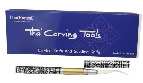 Thai Fruit Carving Knife –2 Inch Double-Sided Blade (Curved & Straight) with Decorative Black Thai Pattern Handle – Precision Tool for Vegetable and Fruit Art, Handcrafted for Culinary Detailing
