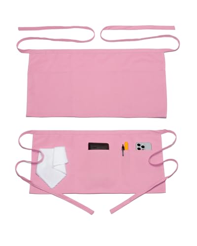 Argstar 2 Pack Server Apron with 4 Pockets, Waitress Waiter Waist WaterDrop Resistant Short Aprons - color: Pink