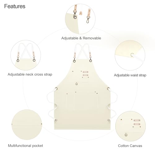 Dulabi Apron, Adjustable Chef Apron for Women and Men with Large Pockets, Cooking Kitchen Apron with Back Straps - color: Beige