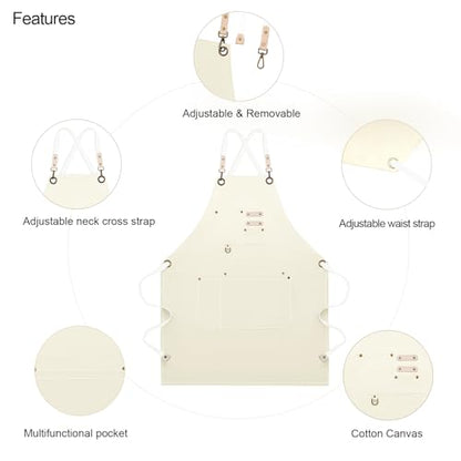 Dulabi Apron, Adjustable Chef Apron for Women and Men with Large Pockets, Cooking Kitchen Apron with Back Straps - color: Beige