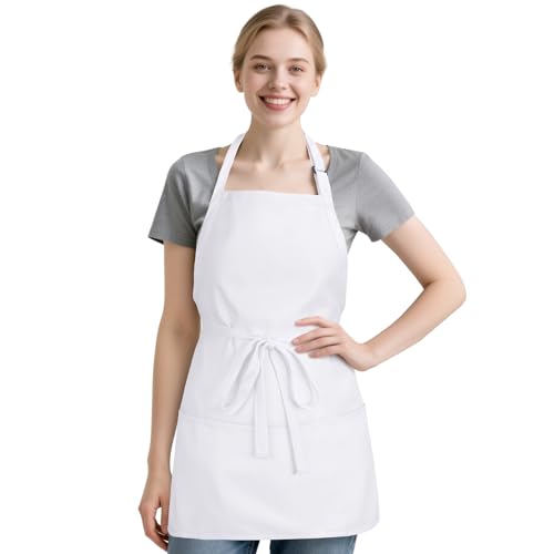 NLUS Kitchen Cooking Apron with 3 Pockets, Adjustable Bib Apron Chef Aprons for Women Men - color: White