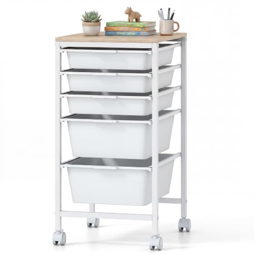 RELAX4LIFE 5-Drawer Rolling Storage Cart w/Lockable Wheels(White) - color: White, size: 25”H
