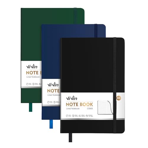 ViVin 3 Pack A5 Hardcover Lined Notebook,192 pg College Ruled 5.5x8.3 - color: Black+Navy Blue+Dark Dreen, size: 3 Pack