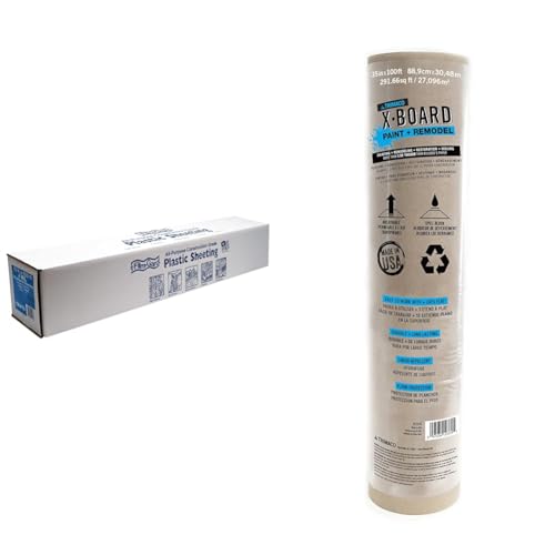 Film-Gard 10' x 100' 4mil Construction Plastic Sheeting and 35" x 100' Trimaco X-Board Paint & Remodel Surface Protector