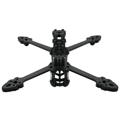 5-inch FPV drone frame made of carbon fiber, equipped with 3D-printed landing pads, camera mount and antenna tail base. Arm thickness: 0.2 inch, bottom plate thickness: 0.1 inch
