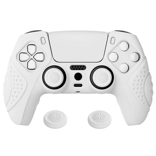 eXtremeRate PlayVital Guardian Edition White Ergonomic Soft Anti-Slip Controller Silicone Case Cover for ps5, Rubber Protector Skins with White Joystick Caps for ps5 Controller - color: White