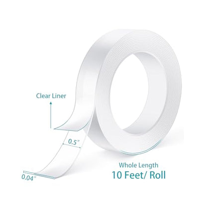 2PCS Heavy Duty Double-Sided Tape (10FT Long), Removable Adhesive Gel Tape, Clear Invisible Mounting Strips for Home and Office Use
