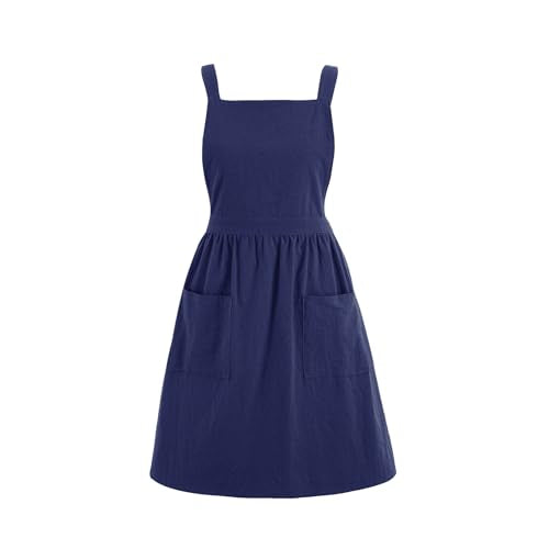 Pinknoke Cute Cotton Pinafore Aprons for Women with Pockets for Kitchen - color: Navy Blue