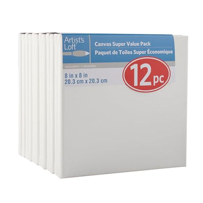 Artist's Loft 12 Count 8” x 8” Super Value Canvas Necessities - Acid Free Cotton Canvas for Paint, Acrylic, & Oils - 1 Pack