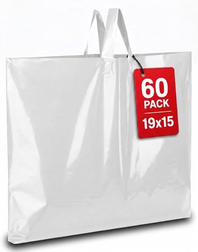 19x15 Large Plastic Shopping Bags for Small Business with Handles - color: White
