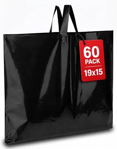 19x15 Large Plastic Shopping Bags for Small Business with Handles - color: Black