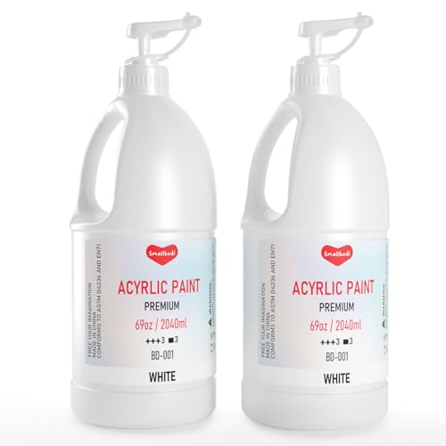 Smallbudi 2 PCS White Acrylic Paint 69oz/2040ml Large Bulk Bottle with Pump - color: White x 2