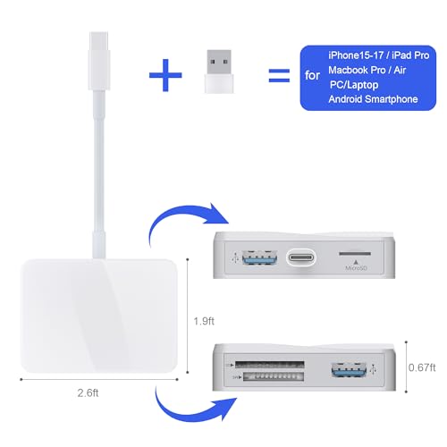 SD Card Reader, 5 in 1 USB-C & USB Card Adapter with SD/MicroSD/MS and Dual USB-A Ports Memory Card Reader for iPhone 17/16/15 Pro Max iPad MacBook Pro/Air M4/M3 Android Phone/Tablet PC (White) - color: White