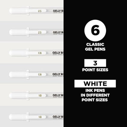 SAKURA Gelly Roll Gel Pens, White, Assorted 05/08/10 Tip, 6 Pack - size: 1 Count (Pack of 6), style: Assorted Tip Sizes