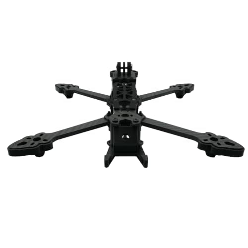 5-inch FPV drone frame made of carbon fiber, equipped with 3D-printed landing pads, camera mount and antenna tail base. Arm thickness: 0.2 inch, bottom plate thickness: 0.1 inch