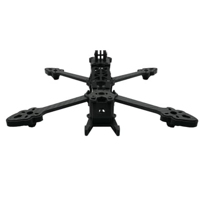 5-inch FPV drone frame made of carbon fiber, equipped with 3D-printed landing pads, camera mount and antenna tail base. Arm thickness: 0.2 inch, bottom plate thickness: 0.1 inch