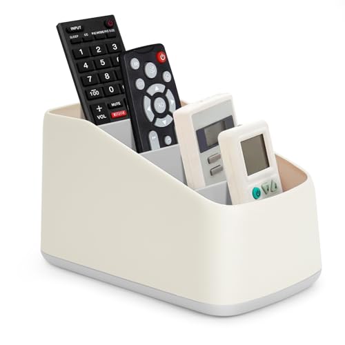 Remote Control Holder with 4 Compartments,TV Remote Caddy/Box/Tray Organizer for Bedside Table/Office Desk,Desktop Storage Organizer for Small Controller,Media Player, Office Supplies - color: Grey