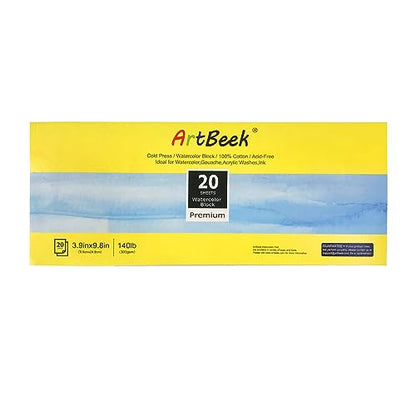 ArtBeek Watercolor Paper Block,3.9" x 9.8" Watercolor Block 20 Sheets 100% Cotton Cold Press 140lb/300GSM - size: 3.9X9.8