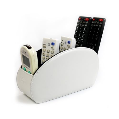 Remote Control Holder Organizer Desk Leather Cases Control Storage TV Remote Control Organizer with 5 Spacious Compartments (White with Metal Bottom) - color: White with Metal Bottom