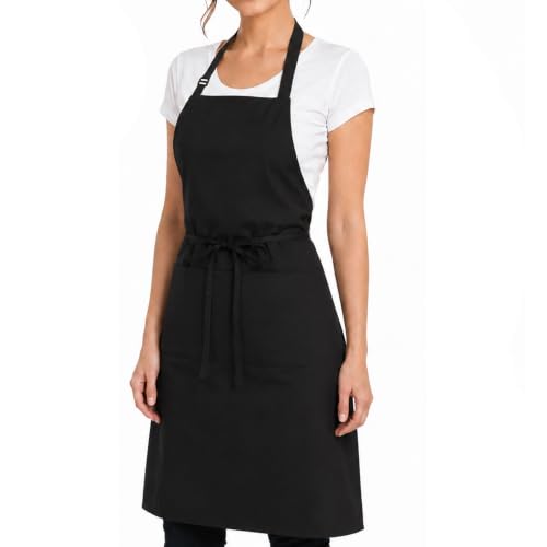 Adjustable Bib Apron Waterdrop Resistant with 2 Pockets Cooking Kitchen Aprons for Women Men Chef - color: Pure Black