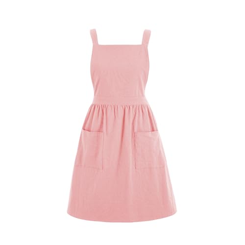 Pinknoke Cute Cotton Pinafore Aprons for Women with Pockets for Kitchen - color: Pink