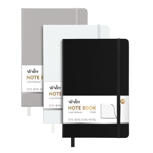 ViVin 3 Pack A5 Hardcover Lined Notebook,192 pg College Ruled 5.5x8.3 - color: Black+white+gray, size: 3 Pack