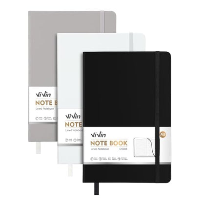 ViVin 3 Pack A5 Hardcover Lined Notebook,192 pg College Ruled 5.5x8.3 - color: Black+white+gray, size: 3 Pack