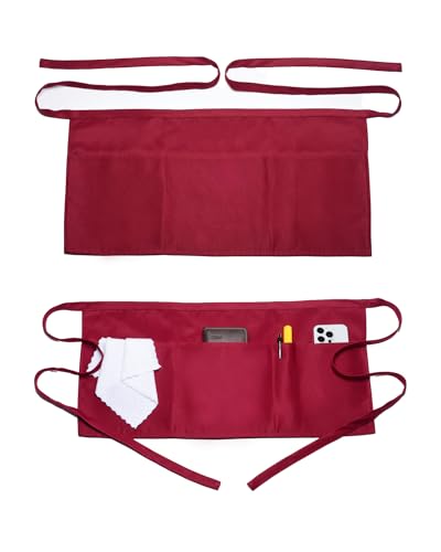 Argstar 2 Pack Server Apron with 4 Pockets, Waitress Waiter Waist WaterDrop Resistant Short Aprons - color: Red