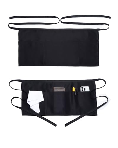 Argstar 2 Pack Server Apron with 4 Pockets, Waitress Waiter Waist WaterDrop Resistant Short Aprons - color: Black