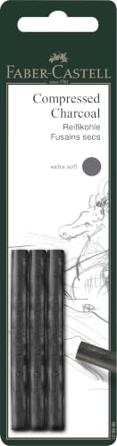 Faber-Castell Pack of 3 Compressed PITT Charcoal Sticks Black, Extra Soft
