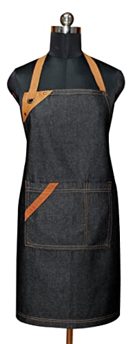 100% Cotton Denim Kitchen Apron with Pocket and Adjustable Neck with Long Ties Apron 25" X 31" for Women Men Chef Cooking, Baking, Gardening, Black