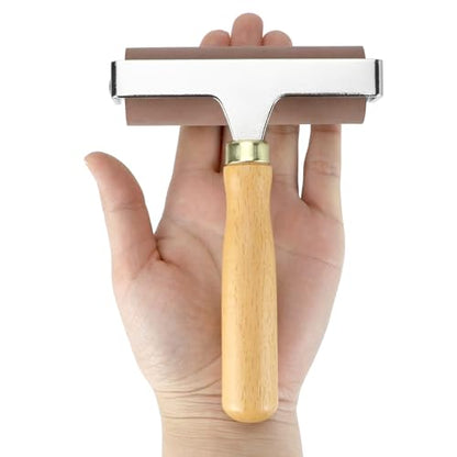 QWORK 4-Inch Soft Rubber Brayer Roller, Brown Solid Ink Roller for Anti-Skid Tape Application, Printmaking, Stamping and Crafting, Heavy Duty Manual Rolling Tool for Even Pressure