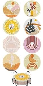 UPINS 8Pcs Boho Diamond Art Painting Coasters for Drinks - color: Bohemia Brown White