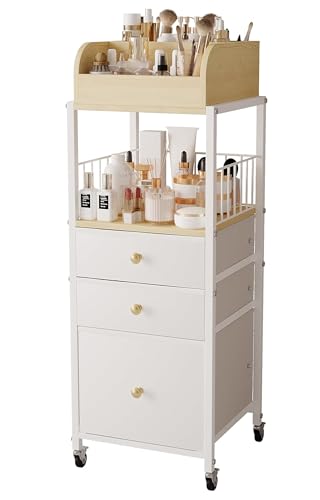 Makeup Organizer Cart with Drawers Rolling Makeup Cart for Bedroom - color: White