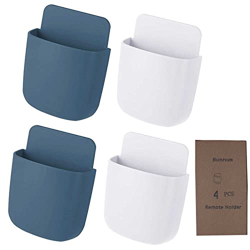 Remote Control Holder Wall Mount, Phone and Pen Organizer, Adhesive Media Storage Box, 4 Pieces for Home School Office (White, Blue) - color: White, Blue
