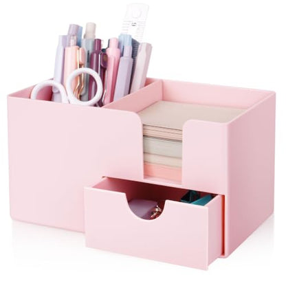 SKYDUE Small Desk Organizer with Sticky Notes Holder,Pen Holder for Desk - color: Pink