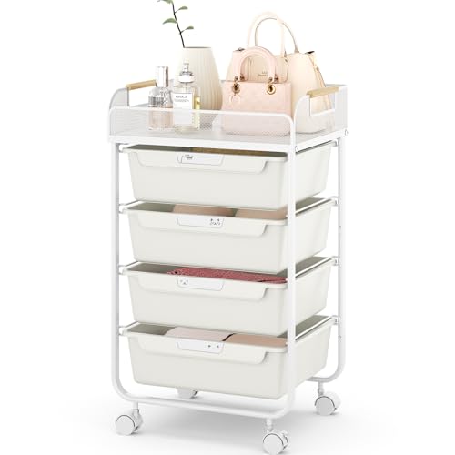 SYKIARIOL 4-Drawer Rolling Storage Cart with Mesh Top,White - color: Cream White