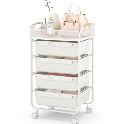 SYKIARIOL 4-Drawer Rolling Storage Cart with Mesh Top,White - color: Cream White