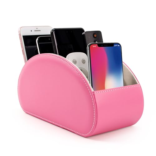 Remote Control Holders Organizer Box with 5 Compartment PU Leather Multi-functional Office Desk Storage Caddy Store Tv Remote for Media Player,Brush,Pencil,Glassees&Office Supplies (Champagne silver) - color: Pink, size: M