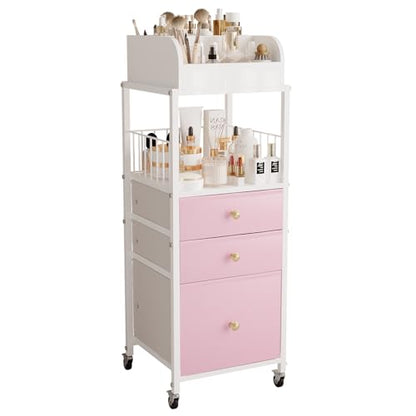 Makeup Organizer Storage Cart with Drawers Rolling Makeup Cart with Wheels - color: Pink