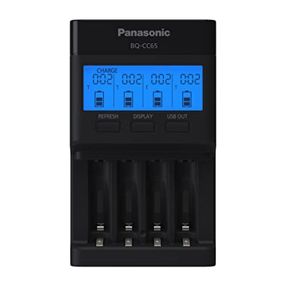 Panasonic BQ-CC65AKBBA Super Advanced eneloop pro and eneloop 4-Position Quick Charger with LCD Indicator Panel and USB Charging Port, Black - size: (Pack of 1)