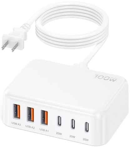100W 6 in 1 USB Charger, 50% Smaller Charging Station for Multiple Devices - color: A-White
