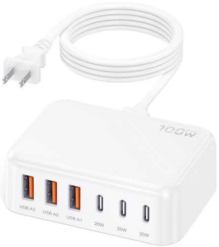 100W 6 in 1 USB Charger, 50% Smaller Charging Station for Multiple Devices - color: A-White