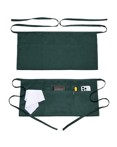 Argstar 2 Pack Server Apron with 4 Pockets, Waitress Waiter Waist WaterDrop Resistant Short Aprons - color: Green