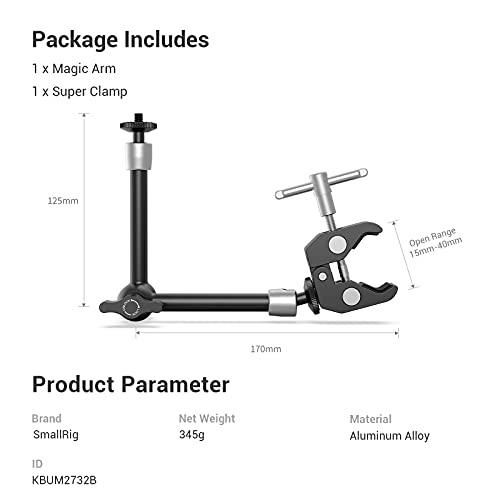 SMALLRIG 9.8 Inches Magic Arm Clamp Kit with 1/4" and 3/8" Threaded Holes - size: 9.8''+arm only