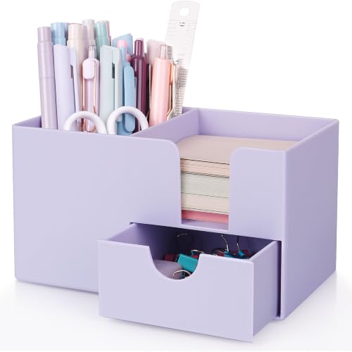 SKYDUE Small Desk Organizer with Sticky Notes Holder,Pen Holder for Deskc - color: Purple