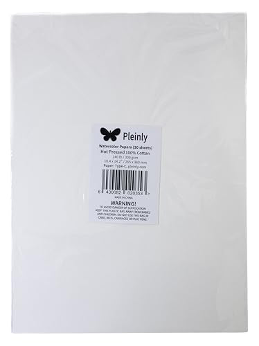 Pleinly 100% Cotton Watercolor Paper | Hot Pressed, 140 lb (300 GSM) 30 Loose Sheets 14.2x10.4”, Type-C Series Paper: Soft Washes, Strong Granulation, Also Perfect for Ink & Gouache - size: 30 Loose sheets 14.2x10.6" Type-C HP